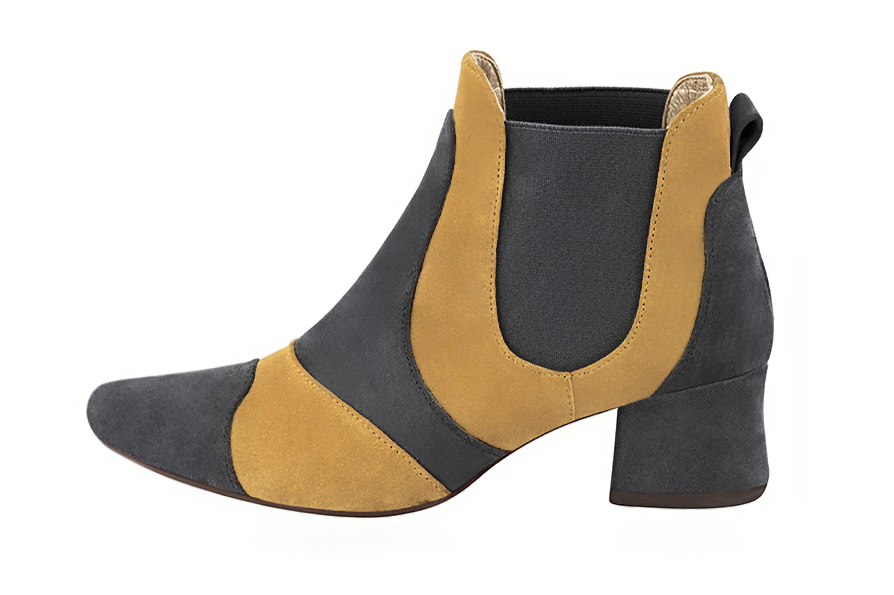Women's charcoal gray and mustard yellow two-tone chelsea boots with round toe and low flared heel - Profile view